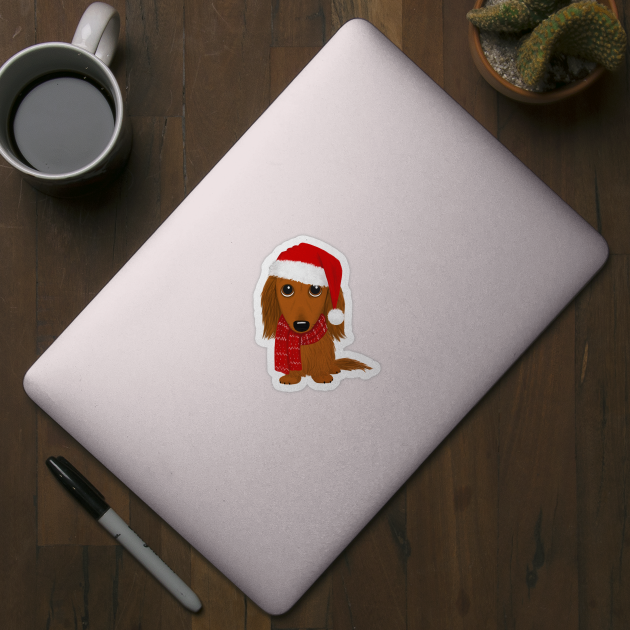 Longhaired Dachshund with Santa Hat Cute Christmas Wiener Dog by Coffee Squirrel